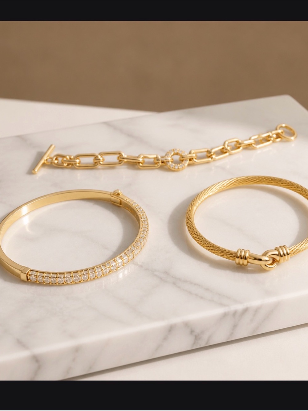 Gold-Tone Three-Piece Bracelet Set - Elegant Sparkle and Cable Designs NWT